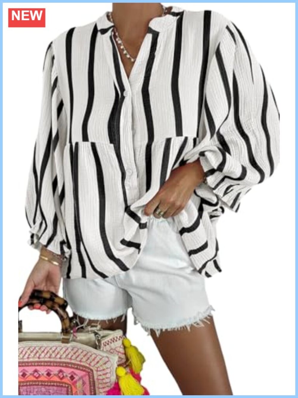 Womens Cotton Puff Sleeve Babydoll Blouse Button Down Striped Top